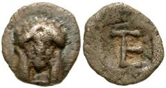Greek Ionia, Kolophon. late 6th century B.C. AR tetartemorion (7.0 mm, 0.24 g, 7 h). Laureate head of Apollo facing / TE monogram within incuse square. SNG Cop 133; SNG Kayhan 356. aVF.