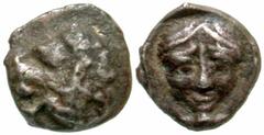 Greek Carian Satraps. Hekatomnos. 392/1-377/6 B.C. AR tetartemorion (5.98 mm, .23 g, 6 h). Forepart of roaring lion left / Laureate head of Apollo facing. Tobingen 3312. gVF, good metal.