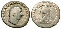 Roman Imperial Vitellius. A.D. 69. AR denarius (17.76 mm, 2.91 g, 7 h). Rome mint, struck July-December A.D. 69. A VITELLIVS GERM IMP AVG TR P, laureate head of Vitellius right / XV VIR SACR FAC, dolp