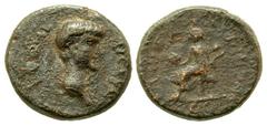 Roman Provincial Lydia, Mostene. Nero. As Caesar, A.D. 50-54. AE 17 (16.70 mm, 2.72 g). Magistrate Pedanius. NEON KAICAPA, bare head right / EΠI ΠEΔANIOY MOCTHNΩN, Demeter, polos on head, seated left 