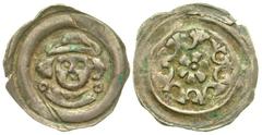 Medieval Austria, Salzburg. Friedrich II of Walchen. 1215-1250. AR pfennig (17.54 mm, .79 g). "vierschlag"-style episcopal pfennig. Mantled bust of bishop facing, wearing mitre, between two annulets; 