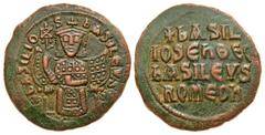 Byzantine Basil I, The Macedonian. 867-886. AE follis (27.77 mm, 9.63 g, 6 h). Constantinople mint. + bASILIO-S bASILЄVS (6-pointed star), basil enthroned facing, wearing crown and loros, and holding 
