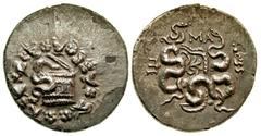 Greek Mysia, Pergamon. Ca. 133-67 B.C. AR cistophoric tetradrachm (26.5 mm, 12.34 g, 12 h). struck ca. 92-88 B.C. Serpent emerging from within cista mystica with lid ajar; all within ivy wreath / Two 