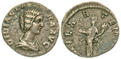 Roman Imperial Didia Clara. Augusta, A.D. 193. AR denarius. Struck under Didius Julianus. DIDIA CLARA AVG, draped bust of Didia Clara right / HILAR TEMPOR, Hilaritas standing left, holding long palm f