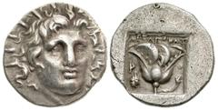 Greek Islands off Caria, Rhodos. Rhodes. Civic issue. ca. 170-150 B.C. AR hemidrachm (12.59 mm, 1.42 g, 1 h). plinthophoric hemidrachm. magistrate Dexagoras. Radiate head of Sol, 3/4 facing to right /
