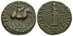 Eastern Cultures Indo-Scythian Kingdom. Aspavarma, or Azes II. ca. A.D. 5-35. AE 20 tetradarchm (20.08 mm, 9.60 g, 1 h). Taxila mint. BAΣIΛEΩΣ VAΣIΛE[ΩN MEΓAΛOY A]ZOY (or similar), king on horseback w