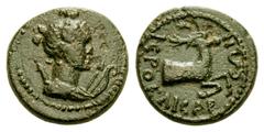 Roman Provincial Lydia, Hierocaesarea. Civic issue. 2nd century A.D AE 17 (16.88 mm, 3.58 g, 12 h). Draped bust of Artemis right, bow at back, quiver and arrow at breast / IЄPOKAICAPЄ-ΩN, forepart of 