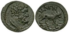 Roman Provincial Lydia, Magnesia on the Sipylos. Pseudo-autonomous issue. 3rd century A.D. AE 15 (14.54 mm, 2.07 g, 6 h). Bare head of Hercules right, wearing lion-skin around neck / MAΓN - H - TΩN, l