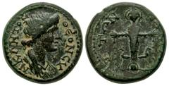 Roman Provincial Lydia, Nacrasa. Pseudo-autonomous, time of Trajan. A.D. 98-117. AE 20 (20 mm, 7.12 g). ΘЄON CV-NKΛHTON, draped youthful bust of the Senate right / [NAKPA]-CITΩN, cultus statue of Arte