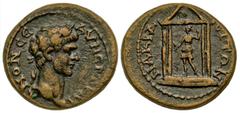 Roman Provincial Lydia, Nacrasa. Trajan. A.D. 98-117. AE 19 (19 mm, 4.30 g). AY NЄP TPAI-ANON CЄ ΓЄP, laureate head of Trajan right / NAKPA-CITΩN, tetrastyle temple, pellet in pediment; within, Artemi