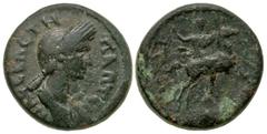 Roman Provincial Lydia, Sardes. Plotina. Augusta, A.D. 105-123. AE 19 (19 mm, 5.83 g). ΠΛΩΤЄΙ-ΝΑ СЄΒΑСΤΗ, draped bust of Plotina right / CAPΔIANΩN (or similar, mainly illegible), Pelops riding horse r