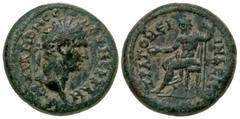 Roman Provincial Lydia, Stratoniceia-Hadrianopolis. Trajan. A.D. 98-117. AE 22 (22 mm, 6.98 g). AV NЄPBAN TPAIANON CЄ, laureate head of Trajan right / INΔЄI C-TRATONЄI, Zeus seated left, holding pater
