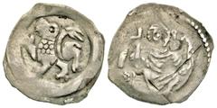 Medieval German States, Bavaria. Regensburg. Otto II. 1231-1253. AR pfennig (19.07 mm, .93 g). Lion with eagle's head walking left / Duke seated facing holding flag and bird. Emmerig 223; Hersbruck 62