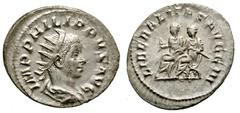Roman Imperial Philip II. A.D. 247-249. AR antoninianus (23.82 mm, 3.55 g, 7 h). Rome mint, Struck A.D. 247. IMP PHILIPPVS AVG, radiate, draped and cuirassed bust of Philip II right, seen from behind 