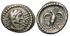 Celtic Britain, Southern Region. Regni & Atrebates. Epaticcus. Ca. A.D. 20-40. AR unit (13 mm, 1.31 g, 1 h). Eppaticus Eagle type. EPATI, head of Herakles right, wearing lion's skin headdress; behind,
