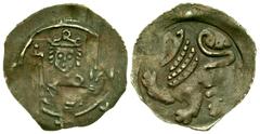 Medieval Germany, Nurnberg. Konradin. 1258-1268. AR pfennig (20.06 mm, .96 g, 12 h). Lion / Bust with two scepters. Bonhoff 2023. VF, nicely toned. Scarce.