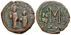 Byzantine Heraclius. 610-641. AE follis (27.5 mm, 9.71 g, 7 h). Constantinople mint, Struck 612/13. (should be:) dd NN hЄRACLIuS Єt hЄRA CONSt PP Aobscured by large fragment of Maurice Tiberius legend