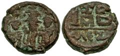 Byzantine Heraclius, Heraclius Constantine and Heraclonas. 638-641. AE dodecanummium (20.3 mm, 8.45 g, 1 h). Alexandria mint. no legend, Heraclius in center, Heraclius Constantine on right and Heraclo