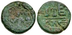 Byzantine Constans II. 641-668. AE dodecanummium (20.6 mm, 7.05 g, 7 h). Alexandria mint. no legend, Constans, beardless 3/4 length standing facing figure, wearing crown and chlamys and holding long c