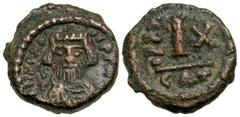 Byzantine Heraclius. 610-641. AE decanummium (14.2 mm, 2.57 g, 7 h). Catania mint, Struck 619/20. D N HERA CL PP [AVG], crowned, draped and cuirassed bust of Heraclius facing, with short beard and hol