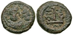 Byzantine Heraclius and Heraclius Constantine. 613-641. AE decannumium (15.4 mm, 3.60 g, 6 h). Catania mint, Struck 624/5. No legend, Facing bearded bust of Heraclius on left and Heraclius Constantine