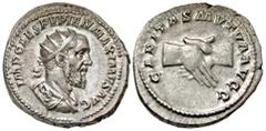 Roman Imperial Pupienus. A.D. 238. AR antoninianus (23.6 mm, 4.94 g, 6 h). IMP CAES PVPIEN MAXIMVS AVG, Radiate, draped and cuirassed bust of Pupienus right / CARITAS MVTVA AVGG, clasped right hands. 