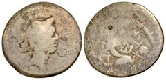 Roman Republican and Imperatorial Julius Caesar. 49-44 B.C. AR denarius (17.3 mm, 2.72` g, 4 h). l. Mussidius Longus. anepigraphic, Wreathed head of Julius Caesar right / [l. MVSSIDIVS LONG]VS, mintin