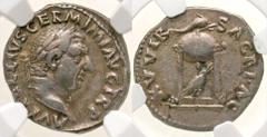 Roman Imperial Vitellius. A.D. 69. AR denarius (3.32 g). Rome mint. A VITELLIVS GERM IMP AVG TR P, laureate head of Vitellius right / XV VIR SACR FAC, tripod-lebes topped by dolphin, raven beneath. RI