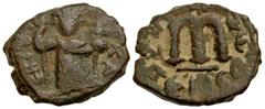Byzantine Constans II. 641-668. AE follis (20.8 mm, 4.55 g, 7 h). Constantinople mint., dated A.D. 542/3. ЄN TV[TO NI]KA, Constans, beardless, standing facing,; wearing crown and chlamys, holding long