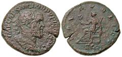 Roman Imperial Pupienus. A.D. 238. AE sestertius (30.8 mm, 16.92 g, 12 h). Rome mint. IMP CAES M CLOD PVPIENVS AVG, laureate and draped bust of Pupienus right / PAX PVBLICA, Pax seated left holding ol