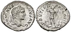 Roman Imperial Caracalla. A.D. 198-217. AR denarius (19.9 mm, 2.79 g, 12 h). Rome mint, struck A.D. 207. ANTONINVS PIVS AVG, laureate head of Caracalla right / PONTIF TR P X COS II, Caracalla in milit