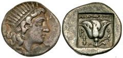 Greek Islands off Caria, Rhodos. Rhodes. Ca. 188-170 B.C. AR drachm (16 mm, 2.86 g, 11 h). ?Plinthophoric? coinage. Menodoros, magistrate. Radiate head of Helios right / Rose with bud to right; thunde