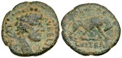 Roman Provincial Lycaonia, Lystra. Marcus Aurelius. As Caesar, A.D. 138-161. 18 mm, 2.80 g, 7 h). CAESAR AVRELIVS, Bare head of Marcus Aurelius right / COL AVG E / LVSTRA, she-wolf standing, right, he