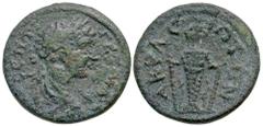 Roman Provincial Lydia, Acrasus. Geta. As Caesar, A.D. 198-209. AE 20 (19.7 mm, 4.53 g, 1 h). Π CЄΠΤΙ ΓЄΤΑC ΚA, laureate, draped and cuirassed bust of Geta right / AKPACIΩTΩΝ, cult statue of Artemis E