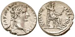 Roman Imperial "Tiberius. A.D. 14-37. AR denarius (18.1 mm, 3.43 g, 2 h). Lugdunum mint, struck A.D. 15-18. TI CAESAR DIVI AVG F AVGVSTVS, laureate head of Tiberius right / PONTIF MAXIM, Livia, as Pax