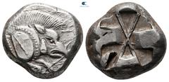 Greek Dynasts of Lycia. Uncertain mint. Uncertain Dynast 525-480 BC. Stater AR 18 mm, 9,27 g Forepart of boar right / Incuse square divided by large X, indentations on two sides. very fine Weber 7209.