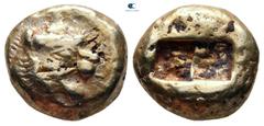 Greek Kings of Lydia. Sardeis. Time of Alyattes to Kroisos 620-539 BC. Trite - Third Stater EL 13 mm, 4,67 g Head of roaring lion right, sun with multiple rays on forehead / Two incuse square punches.