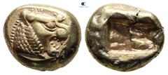 Greek Kings of Lydia. Sardeis. Time of Alyattes to Kroisos 620-539 BC. Trite - Third Stater EL 13 mm, 4,70 g Head of roaring lion right, sun with multiple rays on forehead / Two incuse square punches.