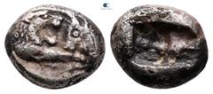 Greek Kings of Lydia. Sardeis. Kroisos 560-546 BC. 1/6 Siglos AR 10 mm, 1,67 g Confronted foreparts of lion right, with extended right foreleg, and bull left / Incuse square. very fine GRPC Lydia S6; 