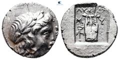 Greek Lycia. Lycian League. Myra circa 167-81 BC. Drachm AR 15 mm, 2,72 g Laureate head of Apollo right, with bow and quiver over shoulder / ΛΥΚ[ΙΩΝ] Μ-Υ, kithara, torch to left, shield and sword to r