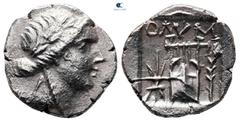 Greek Lycia. Lycian League. Olympos circa 167-81 BC. Drachm AR 15 mm, 2,57 g Laureate head of Apollo right, with bow and quiver over shoulder / ΟΛΥΜ, kithara, thunderbolt to left, palm branch to right
