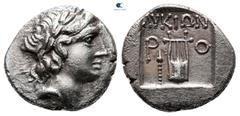 Greek Lycia. Lycian League. Rhodiapolis circa 167-81 BC. Drachm AR 14 mm, 2,54 g Laureate head of Apollo right; bow and quiver over shoulder / ΛVKIΩΝ/ P - O, Kithara; lance to left; all within incuse 