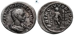 Roman Imperial Diadumenian, as Caesar AD 217-218. Rome Denarius AR 20 mm, 2,98 g M OPEL ANT DIADVMENIAN CAES, bare headed, draped and cuirassed bust right / PRINC IVVENTVTIS, Diadumenian standing faci