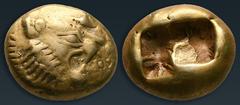 Greek Kings of Lydia. Sardeis. Time of Alyattes to Kroisos 620-539 BC. Trite - Third Stater EL 14 mm, 4,70 g Head of roaring lion right, sun with multiple rays on forehead / Two incuse square punches.