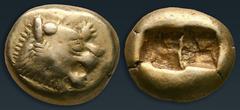 Greek Kings of Lydia. Sardeis. Time of Alyattes to Kroisos 620-539 BC. Trite - Third Stater EL 14 mm, 4,70 g Head of roaring lion right, sun with multiple rays on forehead / Two incuse square punches.