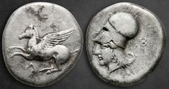 Greek Akarnania. Leukas circa 350-320 BC. Stater AR 21 mm, 8,12 g Pegasos flying left with straight wings, Λ below / Head of Athena to left, wearing Corinthian helmet, with leather neck guard, to righ
