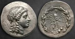 Greek Aiolis. Myrina circa 155-145 BC. Stephanophoric type Tetradrachm AR 34 mm, 16,55 g Laureate head of Apollo to right / Apollo Grynios standing to right, holding phiale in right hand, filleted lau