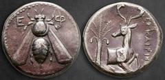 Greek Ionia. Ephesos circa 400-350 BC. ΕΓΚΑΙΡΙΟΣ, magistrate Tetradrachm AR 25 mm, 14,31 g Ε - Φ Bee with straight wings / ΕΓΚΑΙΡΙΟΣ, forepart of stag to right, head turned back to left; to left, date