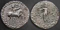 Greek Indo-Skythians. Taxila Sirsukh mint. Azes 58-12 BC. Tetradrachm AR 24 mm, 9,54 g Armored Skythian king advancing right on horseback, holding elephant goad / Zeus Nikephoros standing to left, hol