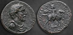 Roman Provincial Cilicia. Tarsos. Macrinus AD 217-218. Dated CY 264 = AD 217/8 Bronze Æ 29 mm, 12,91 g Laureate, draped, and cuirassed bust right / Macrinus on horseback right, about to spear lion bel